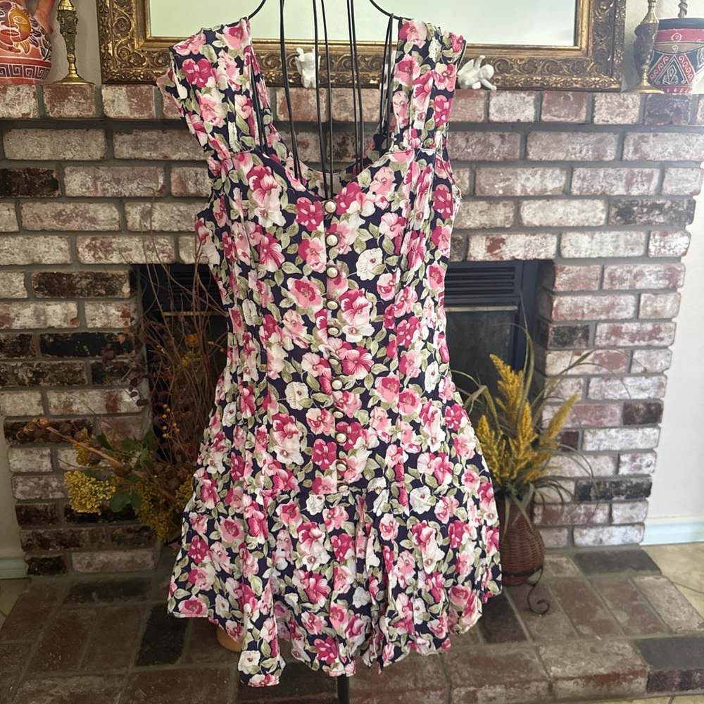 Vintage 90s Floral Drop Waist Button Up Mini Dress Sz 4/6